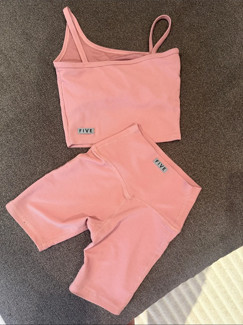 Five the Label— one shoulder ribbed crop top & matching bikes shorts